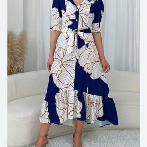Cato Navy and White Floral Midi Dress